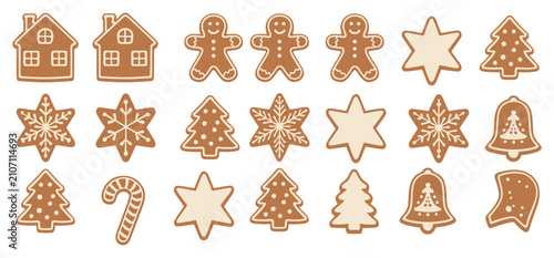 Assorted gingerbread cookie shapes including houses, gingerbread men, stars, snowflakes, christmas trees, and bells on a white background, flat style