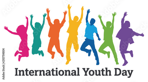 Colorful silhouettes of diverse young people jumping with arms raised in celebration, isolated on a white background, for international youth day