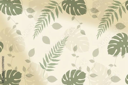 Tropical seamless pattern with monstera leaves and fern fronds in shades of green on a soft beige background, with a subtle, gradient effect