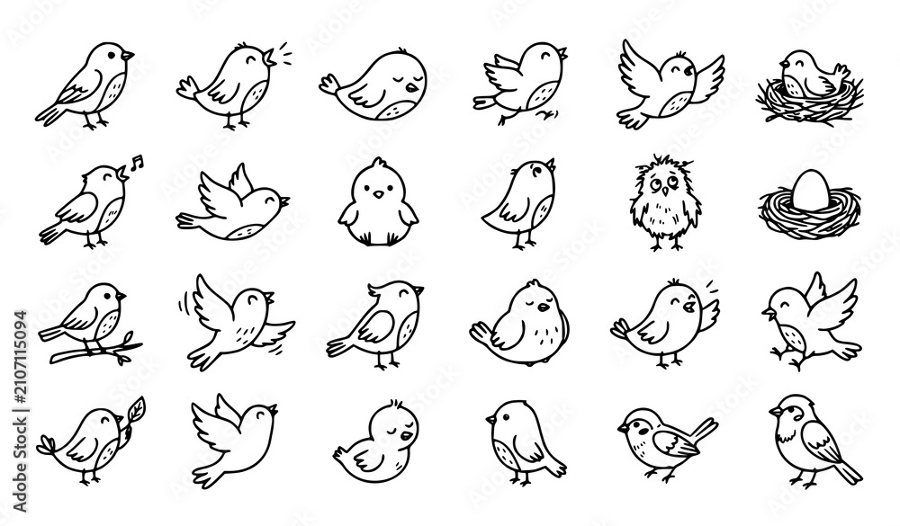 Fototapeta premium Adorable Hand Drawn Bird Doodles Black Outline Vector Illustration Collection