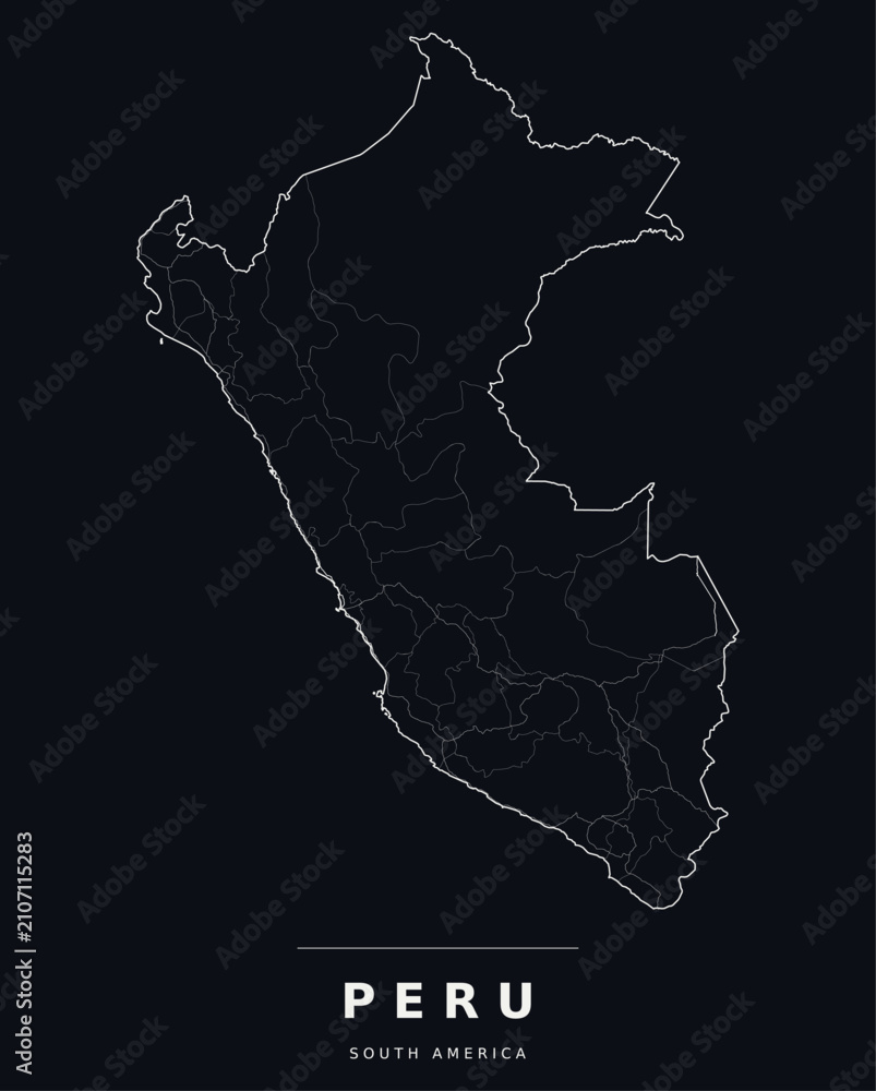Obraz premium Peru South America country map with internal region boundaries and major highways. Editable white line vector on a black background for dark mode slides and web design.