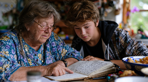 Retired schoolteacher sitting with teenage grandson at worn kitchen table pointing to handwritten letters in old journal both absorbed in translating family history stories neither fully understandi