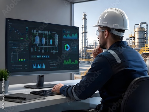 Engineer Analyzing Data on Computer Screen in Modern Industrial Setting