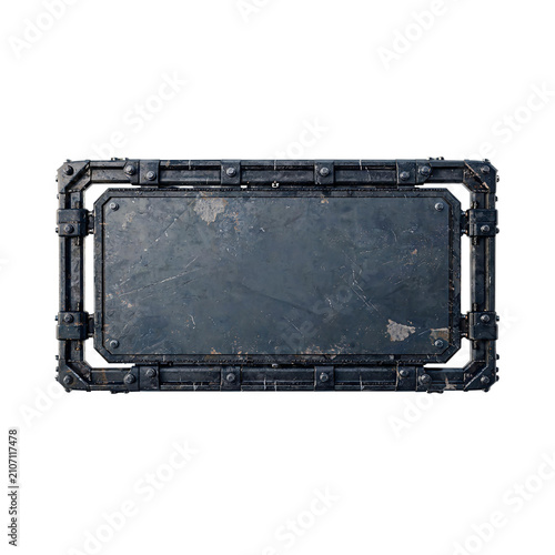 Sci-Fi Industrial Metal Board Sign Frame Isolation on Transparent Background