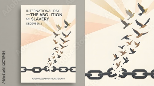 International Day for the Abolition of Slavery poster with birds breaking chains illustration