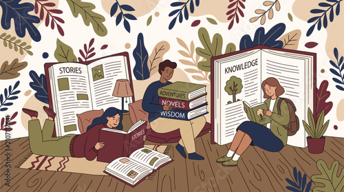 Concept of reading, education, and gaining knowledge with people studying among giant books
