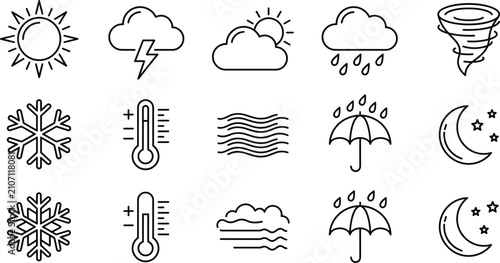 Weather forecast and meteorology climate icon set with tornado storm thermometer sun line art vector elements