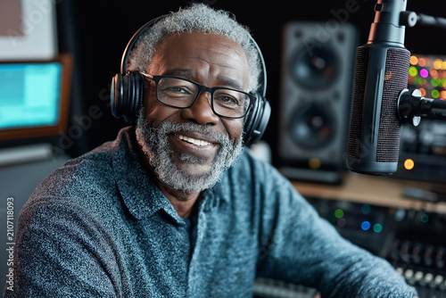 Grandpa records podcast episode using microphone in home studio during afternoon session