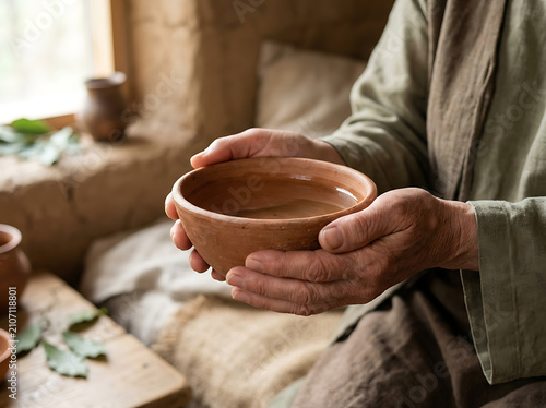 An elderly person holding a rustic clay bowl filled with fresh water in a cozy room.