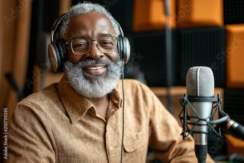 Grandpa records a podcast with a microphone while wearing headphones and smiling in a studio setting