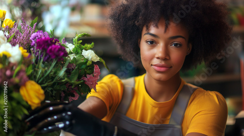 Woman with prosthetic arm arranges flowers in a shop during daytime