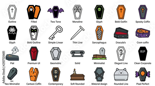 Canvastavla Halloween coffin icon set vector illustration of casket burial spooky funeral fl