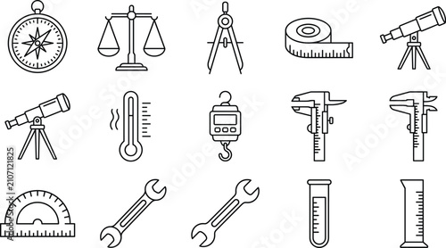 Science measurement and precision engineering tool icon set with telescope caliper wrench line art vector elements