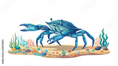 Canvas Print Vibrant Blue Crab Scuttling on Sandy Seabed with Coral and Seaweed