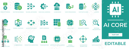 AI Core Vector Icon Set. Futuristic Artificial Intelligence and Machine Learning Symbols, Smart Neural Network Solid Glyph Elements