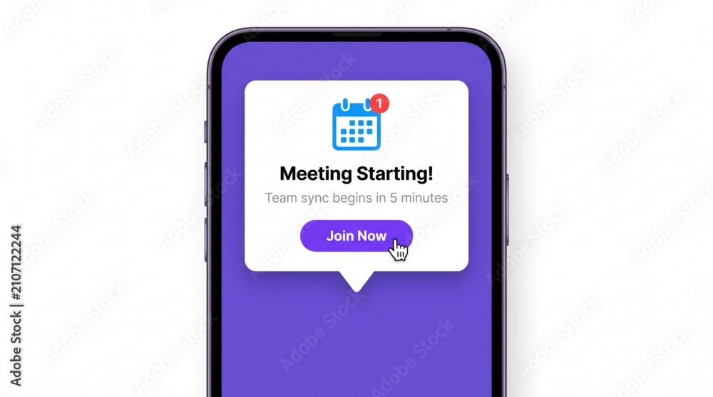 Obraz premium Meeting Starting! notification pop up template. Team sync business planning event reminder on smartphone screen interface mockup with join now button and blue calendar icon. Purple UI template mockup.