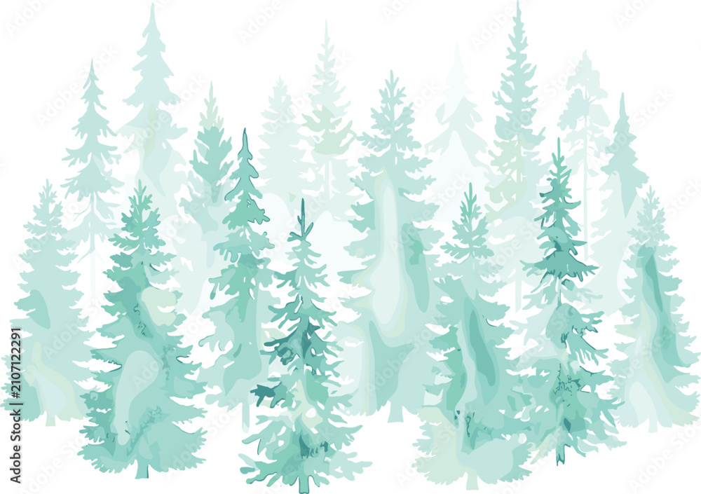 Obraz premium Green pine forest winter landscape vector illustration with snowy evergreen trees