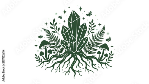 фотографія Crystal Forest Symphony: A mystical arrangement of emerald crystals intertwined with ancient roots, flourishing fern fronds, and whimsical mushrooms, under a starlit sky