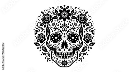 Foto Day of the Dead Skull Design: Intricate floral patterns and traditional motifs adorn a skull in a stunning black and white design, perfect for celebrating cultural heritage and artistic expression