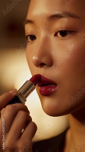 Asian woman applying lipstick in warm moody lighting.