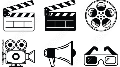 Photography Hand drawn cinema icons featuring movie clapperboard, film reel, camera, megaphone, and 3D glasses sketches for entertainment and media design