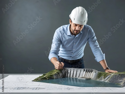 Engineer Working on Hydroelectric Dam Model with Drafting Tools