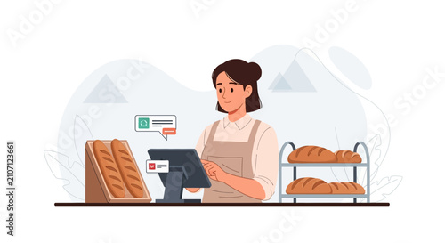 Baker Using Tablet at Counter in Bakery with Fresh Bread and Pastries