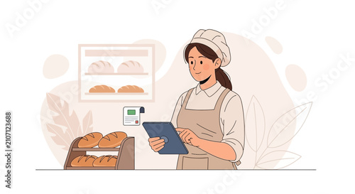 Baker Woman Using Tablet in Bakery, Managing Orders and Inventory with Fresh Bread Displayed