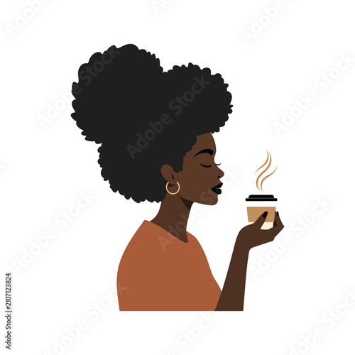 African American Woman with High Afro Bun Holding Steaming Coffee Cup Vector Profile Illustration