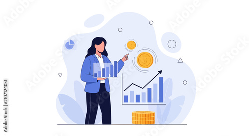 Businesswoman presenting financial growth charts and coins, symbolizing investment, strategy, and economic success in a modern flat illustration style.