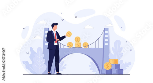 Businessman builds financial bridge with golden coins, symbolizing investment and growth.