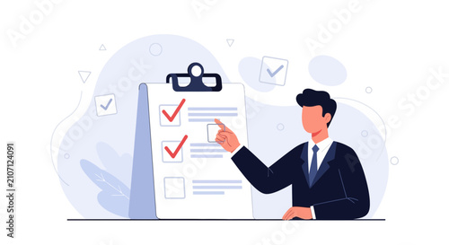 Businessman checking off tasks on a clipboard checklist, modern flat design vector illustration for business, planning, and success.