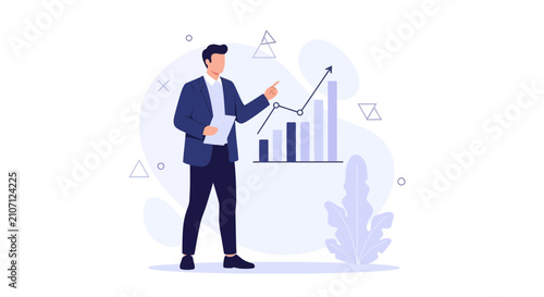 Businessman presenting financial growth chart, data analysis, business success, strategy, and planning