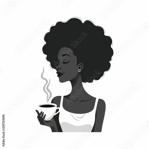 Black Woman with Afro Hair Enjoying a Steaming Cup of Coffee Vector Illustration