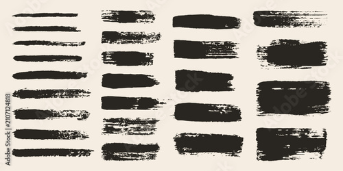 Hand painted gouache brush strokes and long ink lines. Grunge textures, smears, and dry brush effects. Isolated artistic black elements for borders, underlining, and creative design projects.