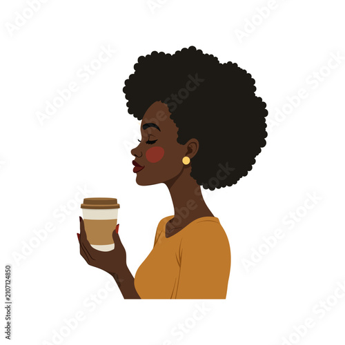 Side Profile View of African Woman with Afro Curly Hair Holding Coffee To-Go Cup Vector
