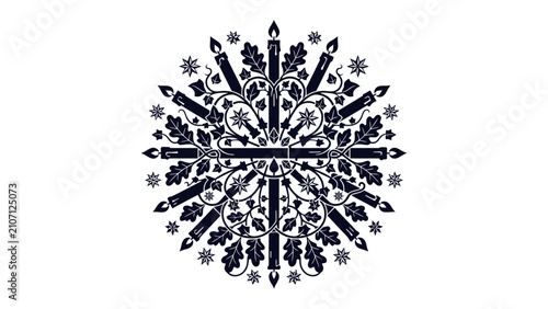Canvas Print Festive Candle and Oak Leaf Motif: A symmetrical, dark blue design featuring flickering candle flames and oak leaves arranged in a circular, snowflake-like pattern