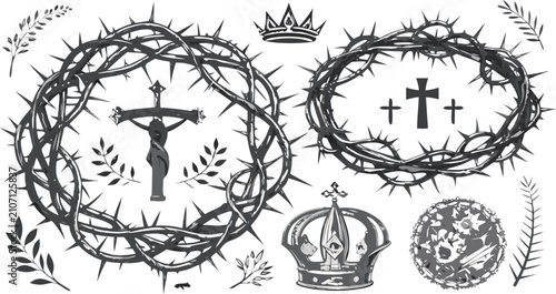 Foto Christian Crown of Thorns Vector Set with Holy Cross Crucifix Easter Symbols and