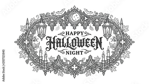 Happy Halloween Night Graphic: A decorative oval frame in gothic style adorned with Halloween motifs like bats, crescent moon, lanterns, and candles.