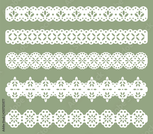 Lace ribbon collection. Decorative white lace borders with floral patterns flat vector illustration set. Elegant textile ornaments