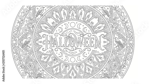 Intricate Halloween Mandala: A detailed circular design, reminiscent of a mandala, features the word Halloween prominently in the center, surrounded by ornate patterns and stylized imagery.