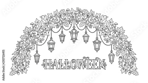 Halloween Archway of Lanterns and Leaves: An ornate archway, intricately decorated with flowing leaves and hanging lanterns, frames the word HALLOWEEN in a festive, gothic-inspired design.