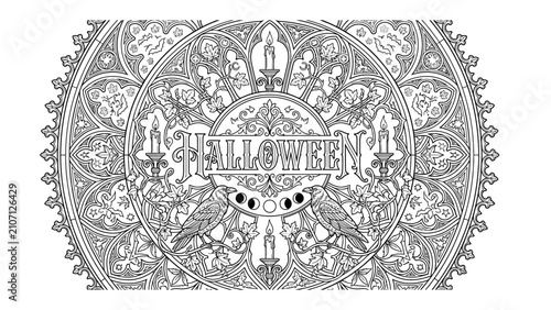 Ornate Halloween Mandala with Ravens and Candles: An intricate black and white circular design, reminiscent of Gothic architecture, features the word HALLOWEEN prominently.