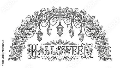 Vintage Halloween Archway: An ornate, vintage-style archway adorned with intricate details, glowing lanterns, and creeping vines, frames the word Halloween in a classic, decorative font.