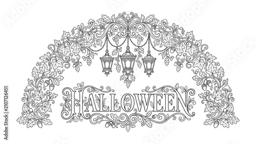Elegant Halloween Flourish: A vintage-style ornamental design featuring lanterns and ornate scrolling foliage, elegantly framing the word Halloween in decorative lettering.