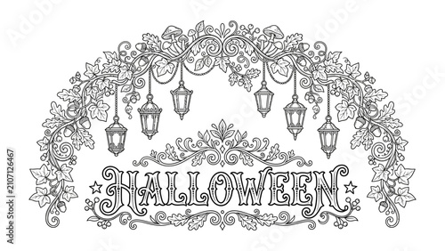 Ornate Halloween Garland: A decorative archway featuring the word Halloween in a vintage font, adorned with lanterns, leaves, and floral motifs, evoking a spooky yet elegant celebration.