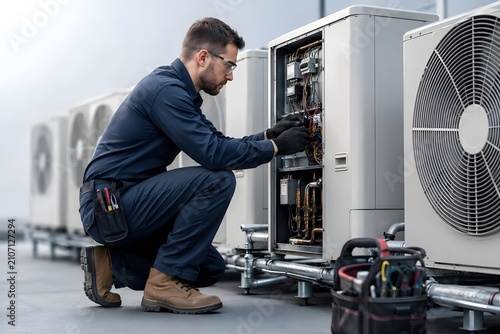 HVAC Technician Working on Air Conditioning Unit in Urban Setting