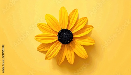 A bright yellow daisy with a dark center rests on a soft yellow background