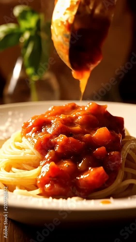 Bolognese sauce poured over fresh spaghetti pasta.