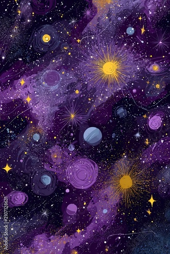 Abstract Cosmic Universe Background with Purple Nebula, Glowing Stars, Planets, and Stylized Galaxies. Dreamy Space Illustration.
